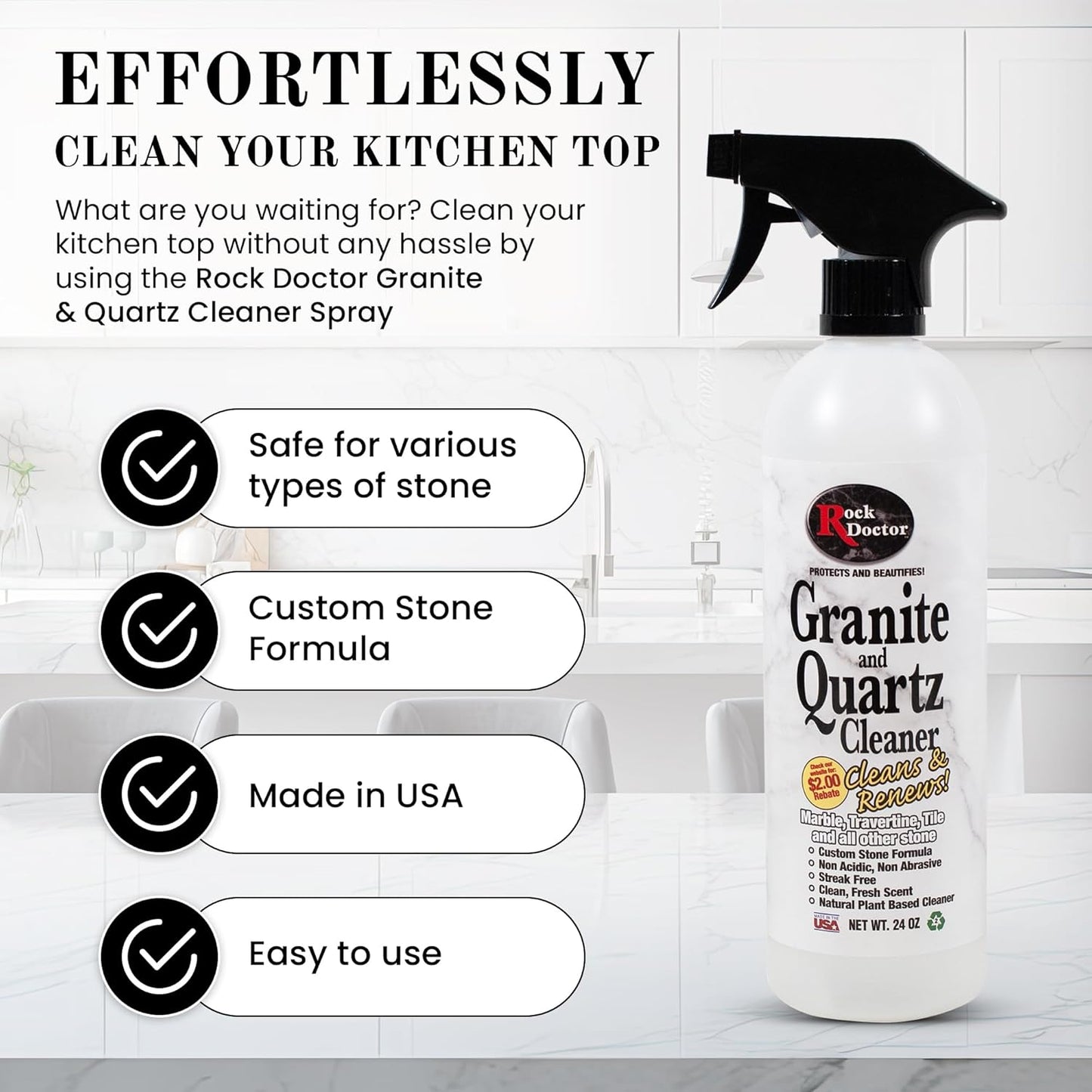 Rock Doctor Granite & Quartz Cleaner Spray 24 oz. bottle, Tile Cleaner, Marble Cleaner, Kitchen Countertop Cleaner, Streak-Free Shine Pack of 2