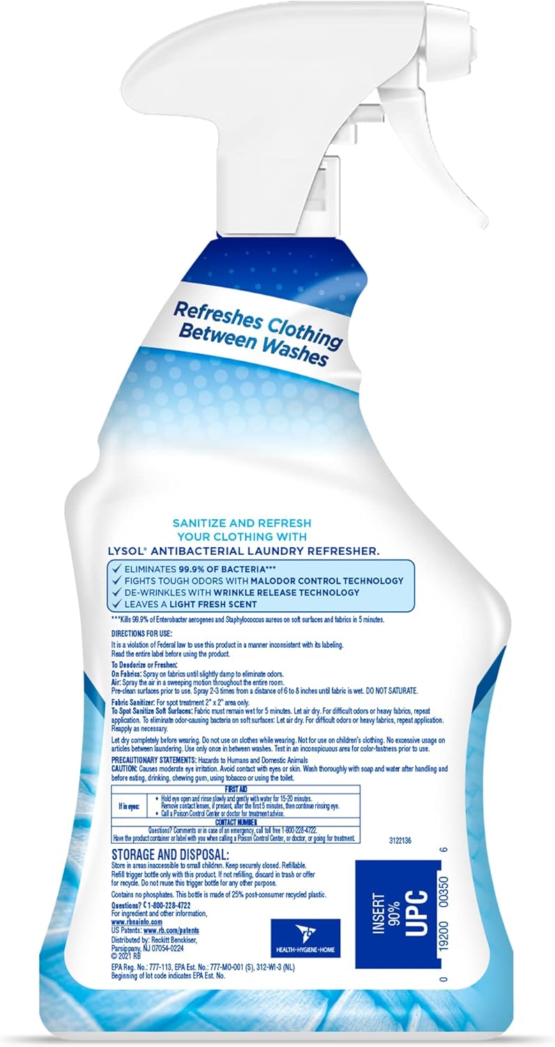 Lysol Antibacterial Laundry Refresher Spray, Fabric Sanitizing and Freshening Spray, For Sanitizing and Deodorizing Clothes, Crisp Linen, 1 Count, 22 oz.