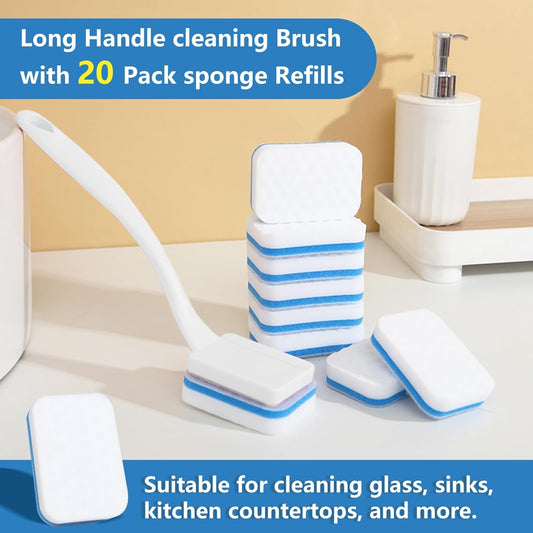 Magic Sponge Eraser Brush with Handle - 20 Pack Replacement Pads, Easy Swap Hook & Loop Fastener, Cleaning Tool for Kitchen, Bathroom, Tile, Sink & Baseboards (White, 1 Handle + 20 Replacement Heads)