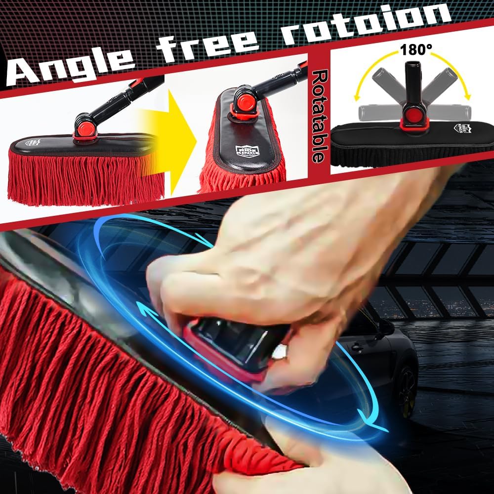 Car Duster Exterior with Extendable Handle, Scratch Free Auto Wash Brush Mop, Interior Detailing Kit for Truck RV Boat - Wax Cotton Duster & Interior Brush, Red