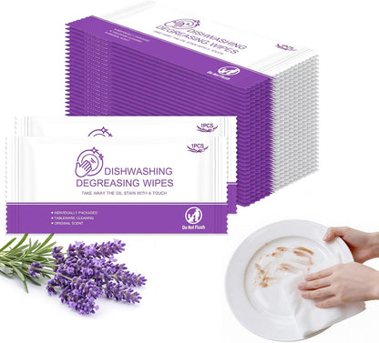 Dish Wipes for Camping Individually Wrapped Dish Cleaning Wipes Travel Lavender Scent 7.7”x 7.3” Disposable for Kitchen Outdoor Traveling RV Quick Clean (Pack of 50)