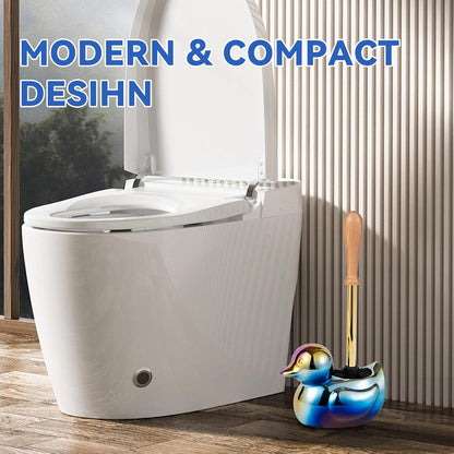Duck Toilet Brush and Holder Set - Ceramic Bathroom Toilet Scrubber Brush Organizer with Wooden & Stainless SteelHandle, Gold Toilet Brush & Cute Duck Design for Bath Decor Storage