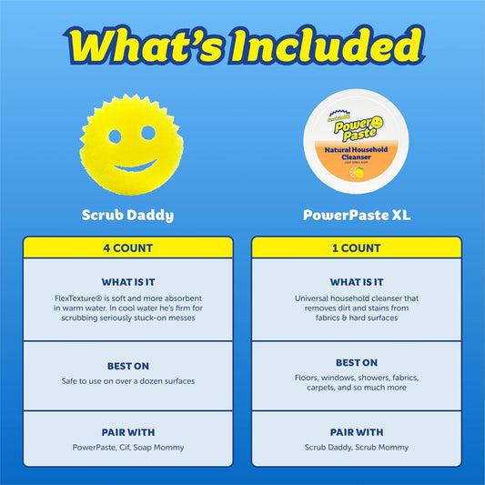 Scrub Daddy Sponges & PowerPaste XL Value Pack - 4 Scrub Daddy Multipurpose Dish Sponges & PowerPaste XL All-Purpose Cleaning Paste - Scratch-Free, Multi-Surface Household Cleaning Supplies Kit (5ct)