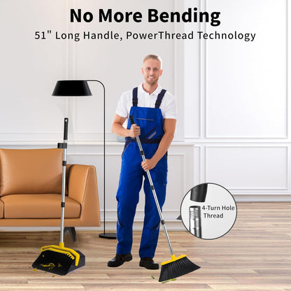 Tiumso Upgrade Broom with Dustpan Combo Set, Broom and Dustpan Set with 51'' Long Handle, Dust Pan and Brooms, ZeroGap Lip, Self-Cleaning Dustpans Teeth for Lobby Kitchen Restaurant - Black and Red
