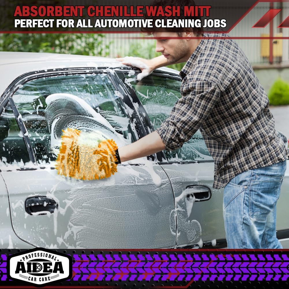 AIDEA Car Wash Mitt Microfiber, 2PK Scratch Free Lint-Free, Premium Chenille Microfiber Mitt Car Wash Brush, Green, Regular Size 7.12''X10.14''