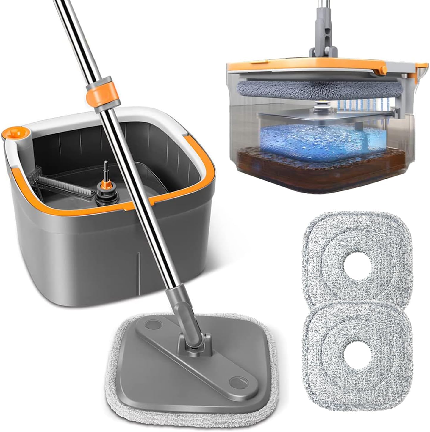 Spin Mop and Bucket Set with Self Separation Dirty and Clean Water System, Mop Set with Self Wringing 360° Rotating Clean Floor Mop-Head for Hardwood Tile Marble Floors (Dark Gray, 10pads)