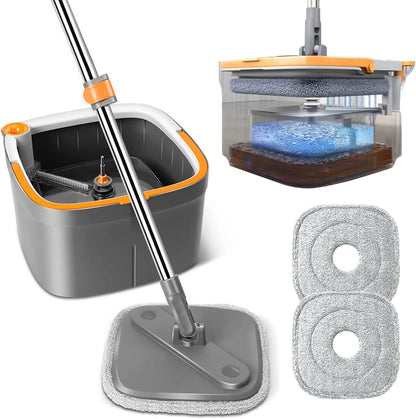 Spin Mop and Bucket Set with Self Separation Dirty and Clean Water System, Mop Set with Self Wringing 360° Rotating Clean Floor Mop-Head for Hardwood Tile Marble Floors (Dark Gray, 10pads)