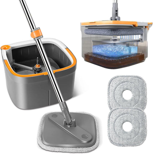 Spin Mop and Bucket Set with Self Separation Dirty and Clean Water System, Mop Set with Self Wringing 360° Rotating Clean Floor Mop-Head for Hardwood Tile Marble Floors (Dark Gray, 10pads)