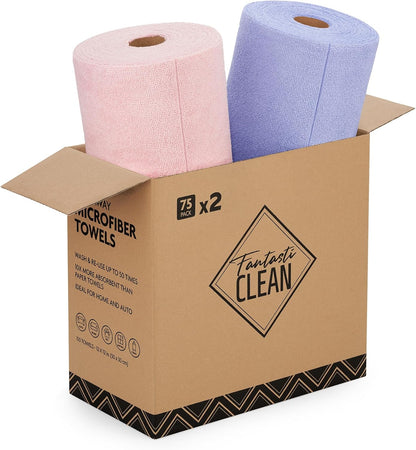 Fantasticlean Microfiber Cleaning Cloth Roll -75 Pack, Tear Away Microfiber Towels, 12" x 12", Reusable, Washable, Scratch Free, Ultra Absorbent Dishcloth for All-Around Cleaning Supplies (White)