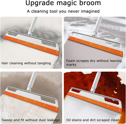 Multifunction Rubber Air Broom, Silicone Floor Squeegee with 56" Long Handle, Rubber Sweeper, Air Broom for Floor Bathroom Kitchen Shower Tile Pet Hair Fur Marble Glass Water Window Foam Clean (Grey)
