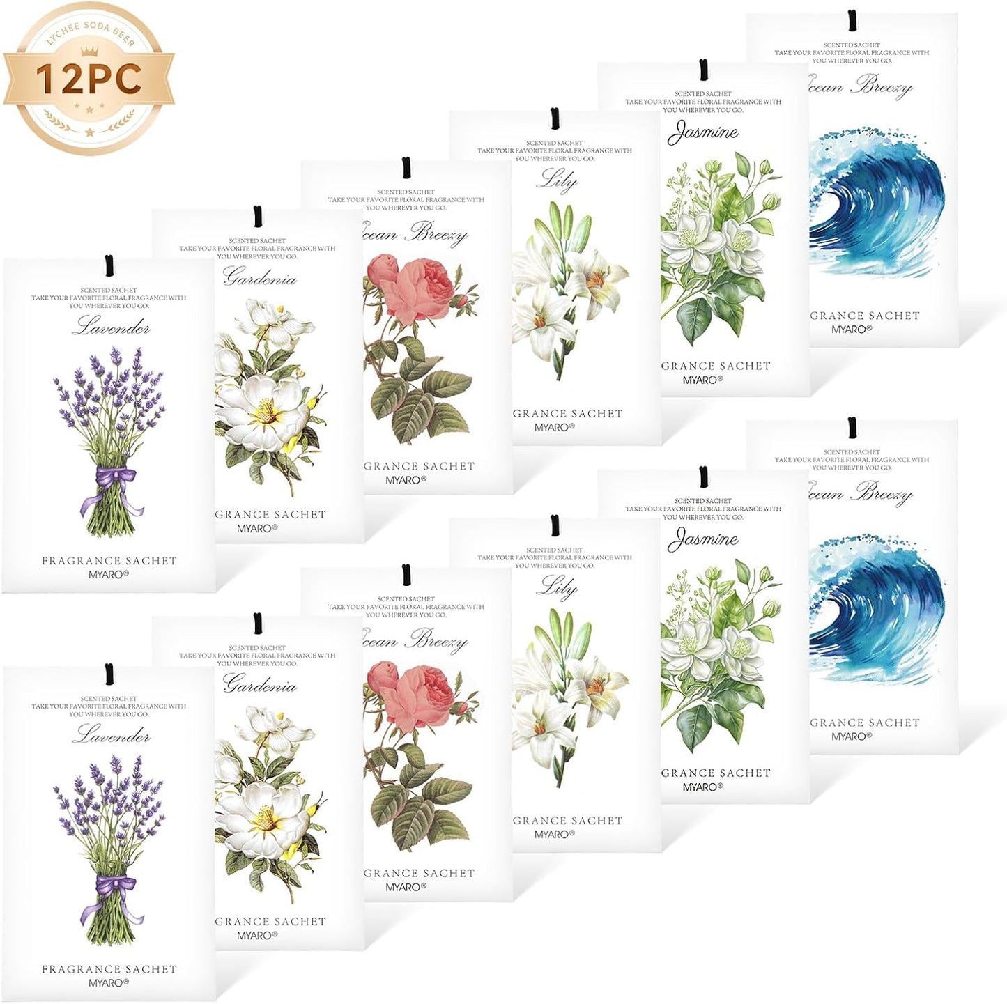 MYARO 12 Pack Fresh Linen Scented Sachets for Drawer, Closet & Car Air Freshener Bags | Odor Eliminator & Fabric Refresher | Crisp, Clean Home Fragrance Gift Set