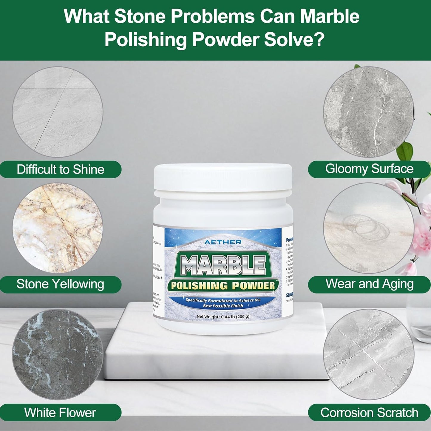 AETHER Marble Polishing Powder, Restore Shine Remove Water Stains Scratches Rings Etches, Professional Stone Polishing & Cleaning Powder for Marble Stone Granite Quartz Tile Floor Countertop Surfaces
