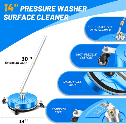 14" Pressure Washer Surface Cleaner with 4 Wheels - Stainless Steel Surface Cleaner for Pressure Washer Attachment for Concrete, Patio, Sidewalk, Deck and Driveways - PWS14