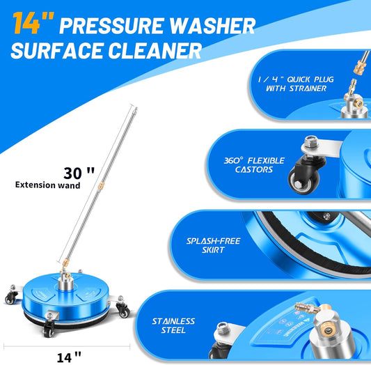 14" Pressure Washer Surface Cleaner with 4 Wheels - Stainless Steel Surface Cleaner for Pressure Washer Attachment for Concrete, Patio, Sidewalk, Deck and Driveways - PWS14