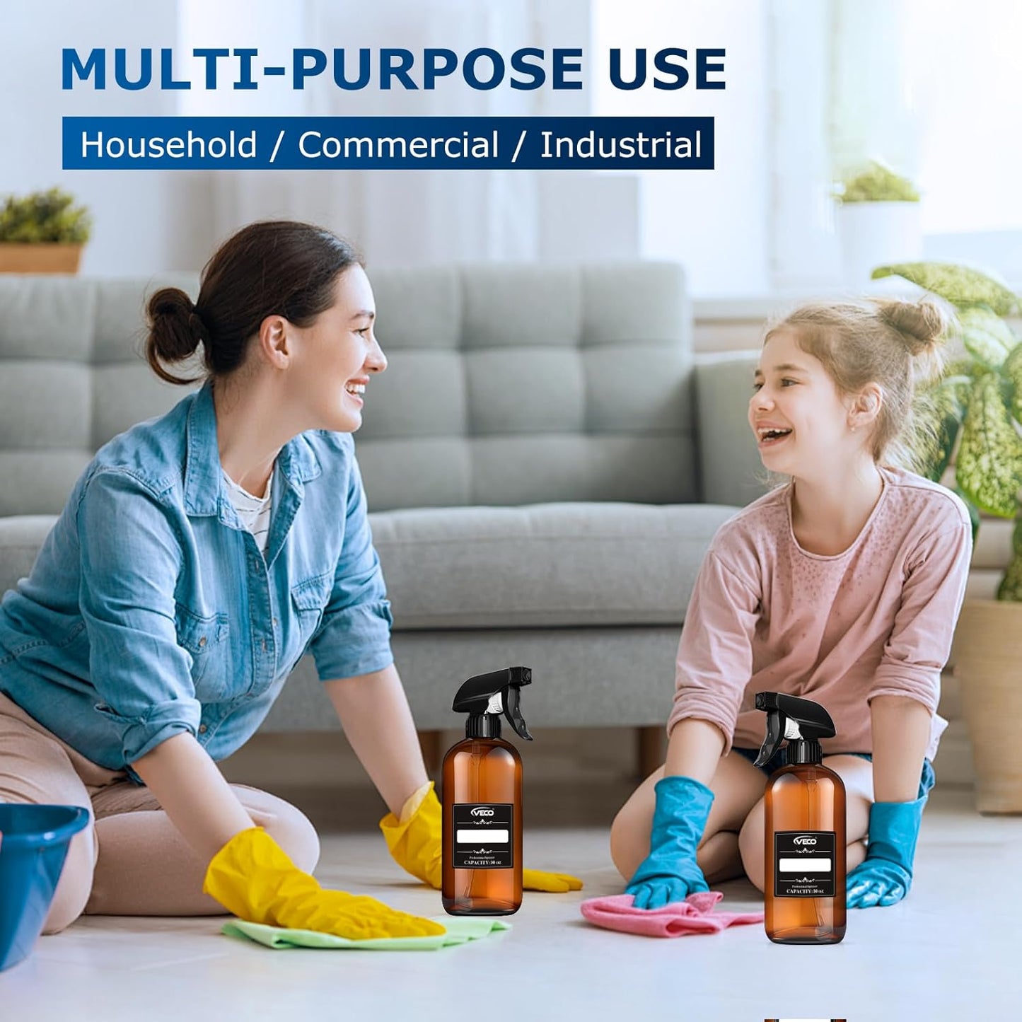 Veco 500mL (17oz) Graduated Spray Bottles, 4-Pack — 360° Any-Angle Spraying for Easy Dilution, Leak-Resistant spray bottles for Cleaning, Plants, Hair & Pet Use + Foldable Funnel