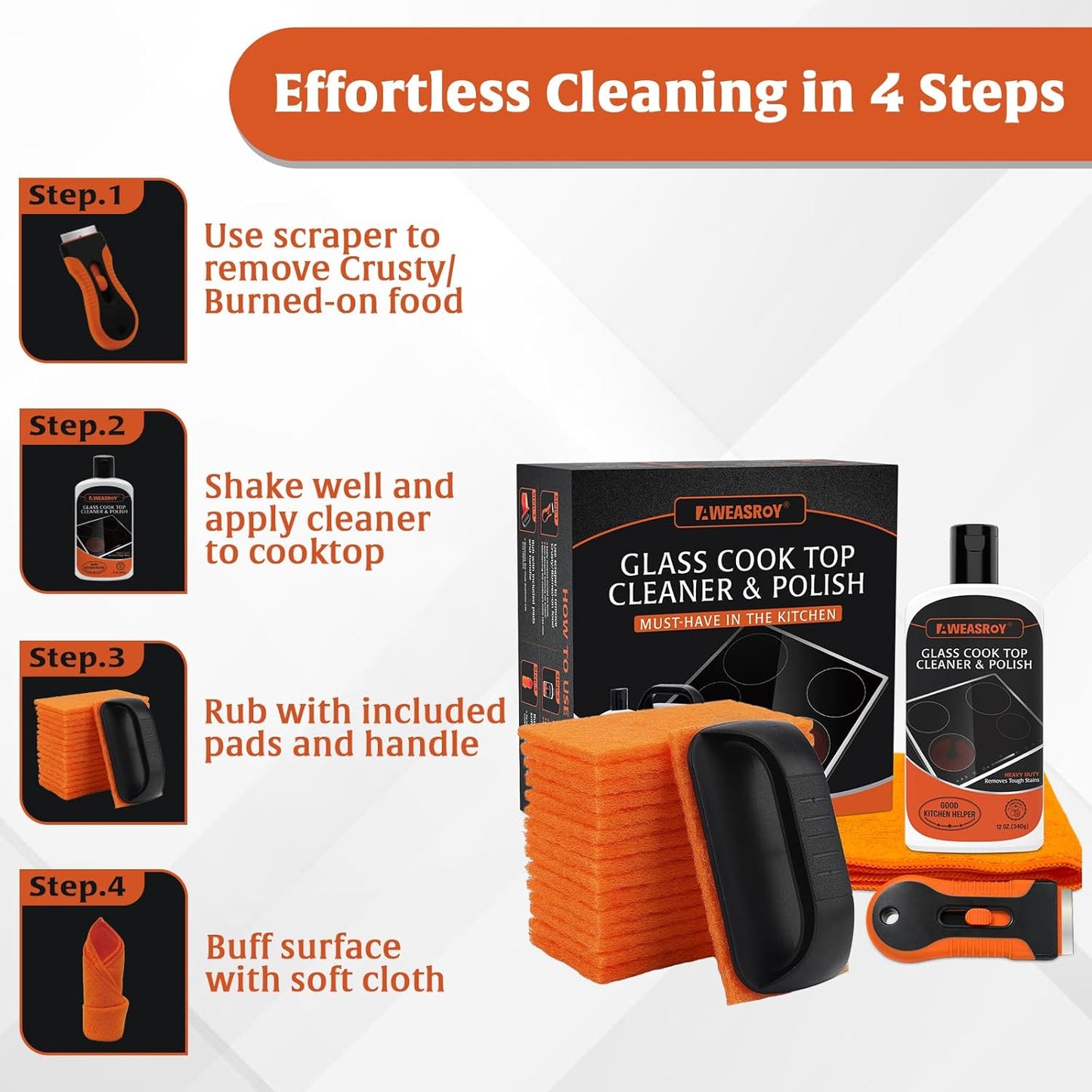 AWEASROY Glass Stove Top Cleaner Kit 12 oz, Cooktop Cleaner and Polish Non-Abrasive No Scratch Removes Tough Stains, with Scrubbing Pad, Handle, Scraper, Cloth