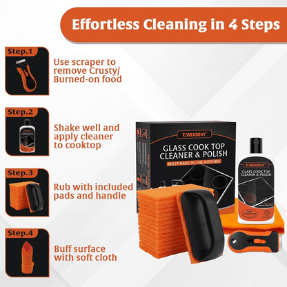 AWEASROY Glass Stove Top Cleaner Kit 12 oz, Cooktop Cleaner and Polish Non-Abrasive No Scratch Removes Tough Stains, with Scrubbing Pad, Handle, Scraper, Cloth