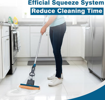 Sponge Mop for Floor Cleaning, 50" Heavy Duty Roller Mop with 4 Cellulose Refill Heads, Easy Self-Squeeze for Hardwood Tile Concrete, Wall Ceiling