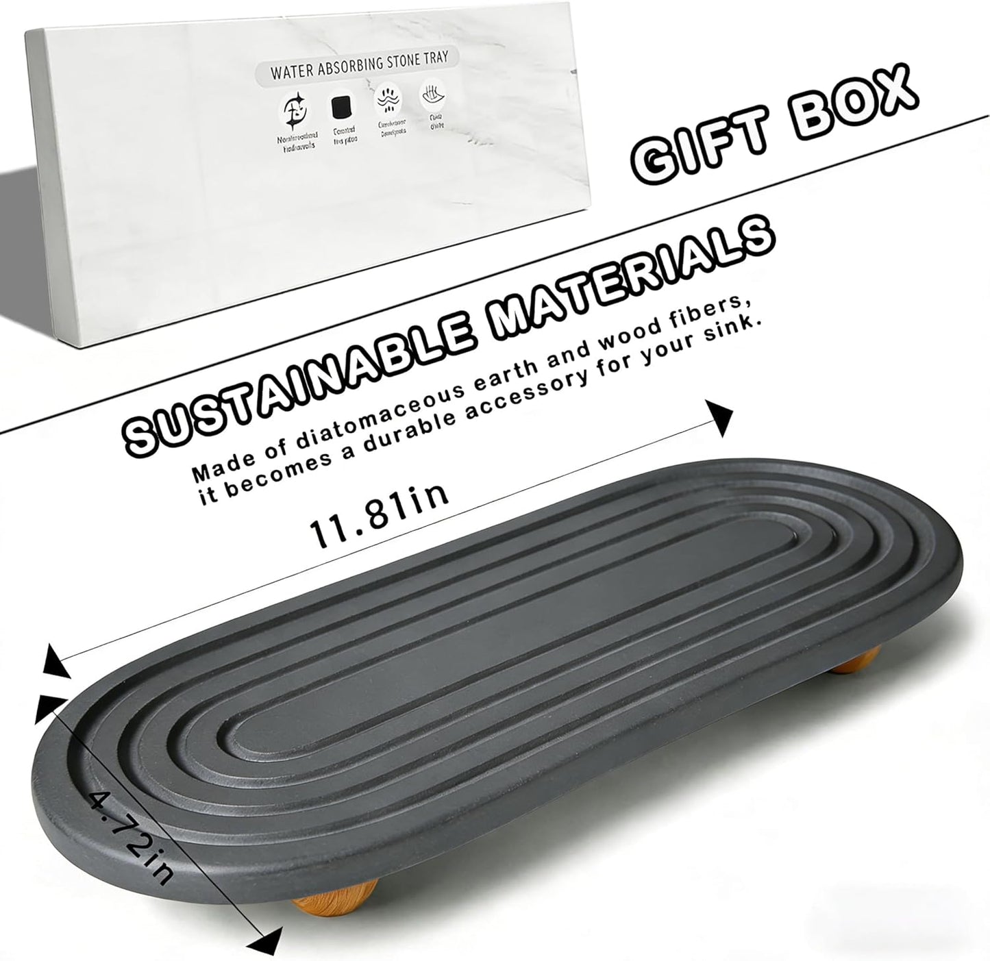 Instant Dry Sink Tray, Anti-Slip Stone Sink Caddy, Durable Kitchen Sink Organizer, Quick Dry Water Absorbing Stone Tray for Bathroom Counter, Stone Soap Tray -Dark Gray