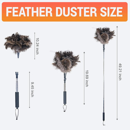 Extendable Ostrich Feather Duster, Natural Ostrich Feathers Long Handle Duster for Cleaning, 47” Soft & Fluffy Feather Duster for High Ceilings, Fans, Walls, Furniture, Home Dusting