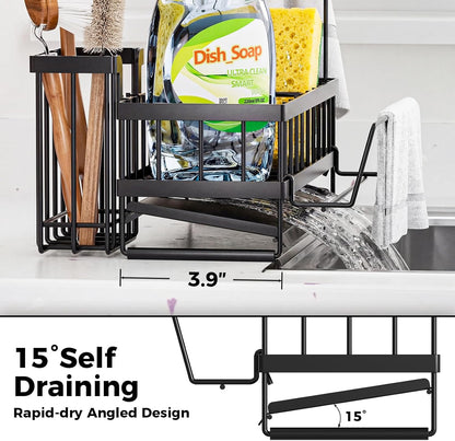 Sponge Holder for Kitchen Sink – Rustproof Stainless Steel with Detachable Drainboard, Brush Rack & Towel Bar | Compact, Non-Slip Design for Countertop Bathroom