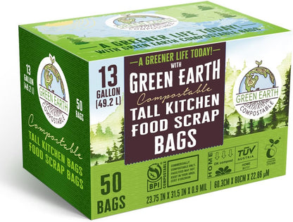 Green Earth Compostable Tall Kitchen Food Scrap Trash Bags, Superior Strength 0.9 Mil, Compost Bin Compatible, 13 Gallon, 49 Liter, 50-Count, ASTM D6400, BPI (US) & OK Compost Home (EU) Certified