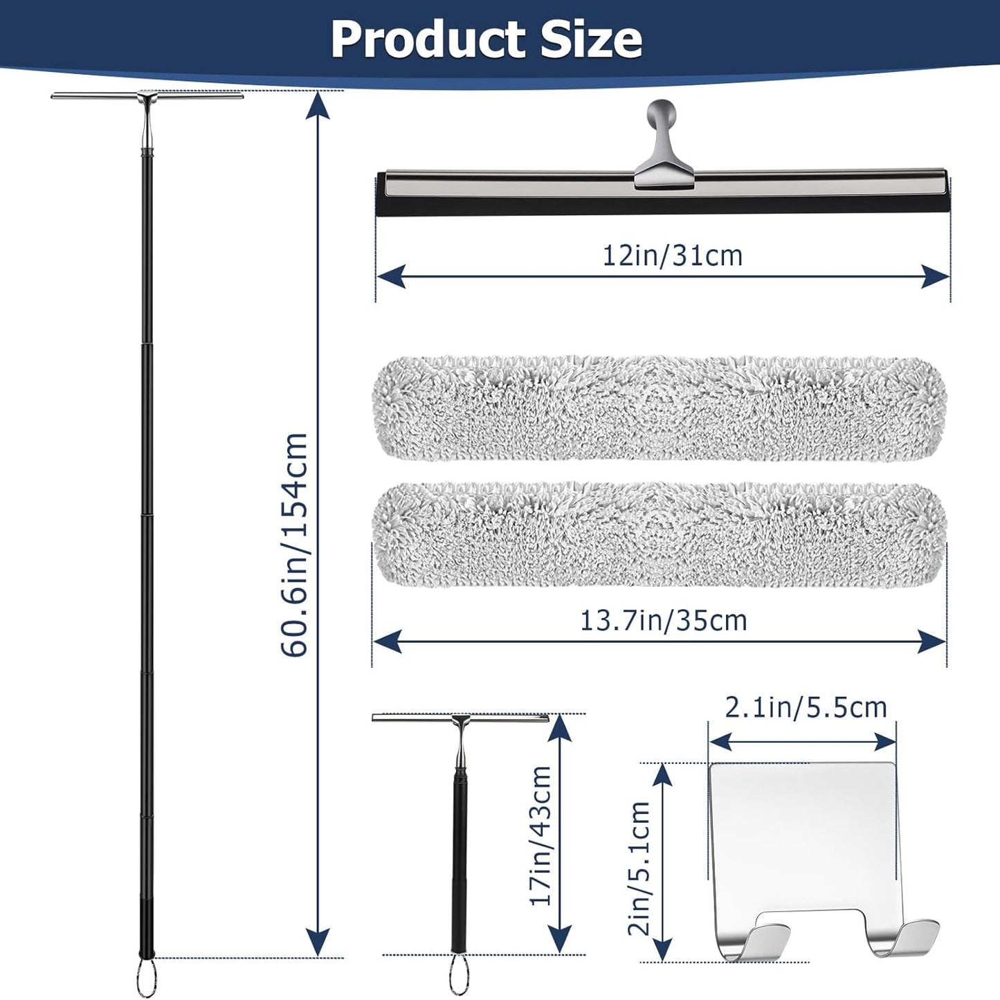 17'' - 60'' Metal Squeegee with Extension Pole for Window,Glass Door,Mirror, 12'' Wide Telescopic Shower Squeegee Cleaner with Long Handle (60'' Telescopic Pole Squeegee)