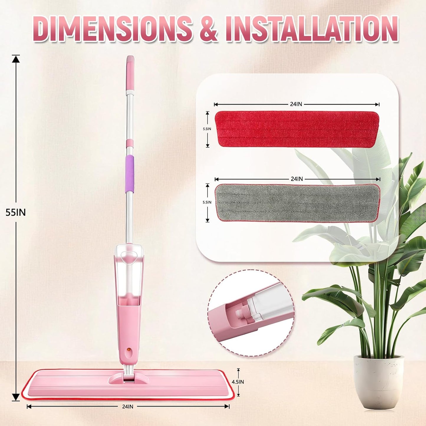 24" Dry mops for Floor Cleaning, Extra-Long Spray runtime & Light Mist Spray mop, Microfiber Wet mop w/ 28oz Tank & 2 Washable Pads, Heavy Duty Flat mop for Hardwood Tile Laminate Vinyl, Large Spaces