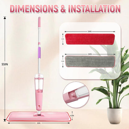 24" Dry mops for Floor Cleaning, Extra-Long Spray runtime & Light Mist Spray mop, Microfiber Wet mop w/ 28oz Tank & 2 Washable Pads, Heavy Duty Flat mop for Hardwood Tile Laminate Vinyl, Large Spaces