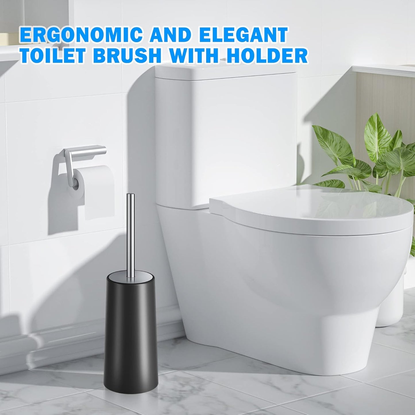 Toilet Brush and Holder, Toilet Brush with 304 Stainless Steel Long Handle, Toilet Bowl Brush for Bathroom Toilet-Elegant-Cleaning-Bristles(White)