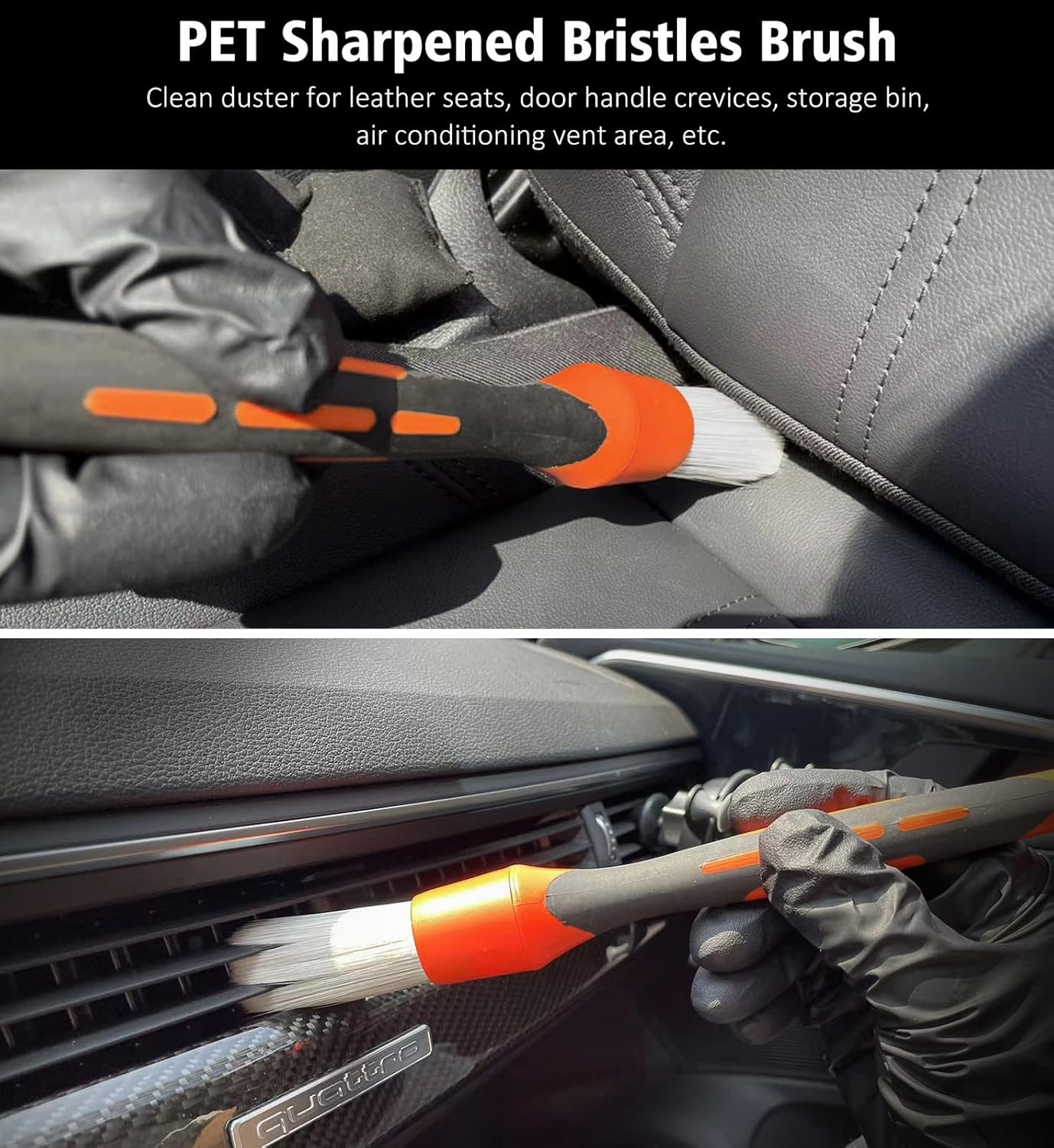 YeewayVeh 3pcs Car Detailing Brush Set, Boars Hair Detailing Brushes, Ultra Soft Detail Brush for Air Vent Leather Seat, Scratch Free Car Detailing Brushes for Interior Exterior, Orange