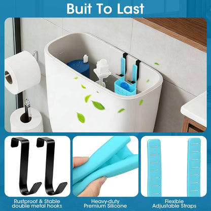 Adjustable Toilet Tank Cleaning Tablet Holder-Hanging Silicone Basket Carrier with Rustproof Hooks for Bowl Cleaner & Bleach Tablet Organizer, Accessory Fit Up to 7" Water Level