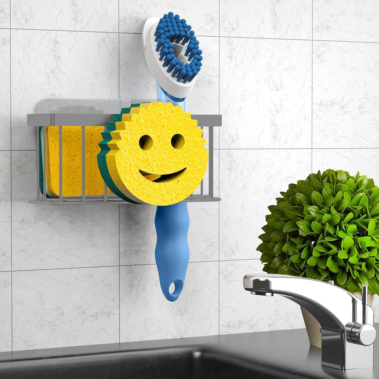 MURLONG Sponge Holder Smiley Face, Sink Caddy for kitchen Sink, Kitchen Organizer Sponge Holder with 2 PCS Suction Cups/1 PCS Adhesive Strips, Designed for Sponge, Soap, Dish brush, Scrubber-Black