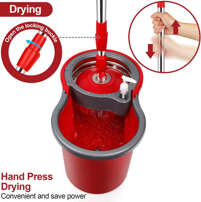 Spin Mop and Bucket Set, 360° Spin Mop and Bucket with Wringer Set and 3 Microfiber Mop Refills, Stainless Steel 61" Extended Handle Spinning Mop Bucket System for Floor Cleaning