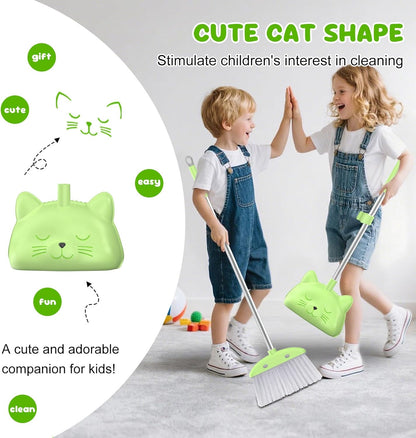 Mini Broom with Dustpan for Kids, 28-in Handle Kids Broom and Dustpan Set for Toddlers Cat-Shaped Children Broom and Cleaning Set Boys Girls Small Housekeeping Helper Set, Pink