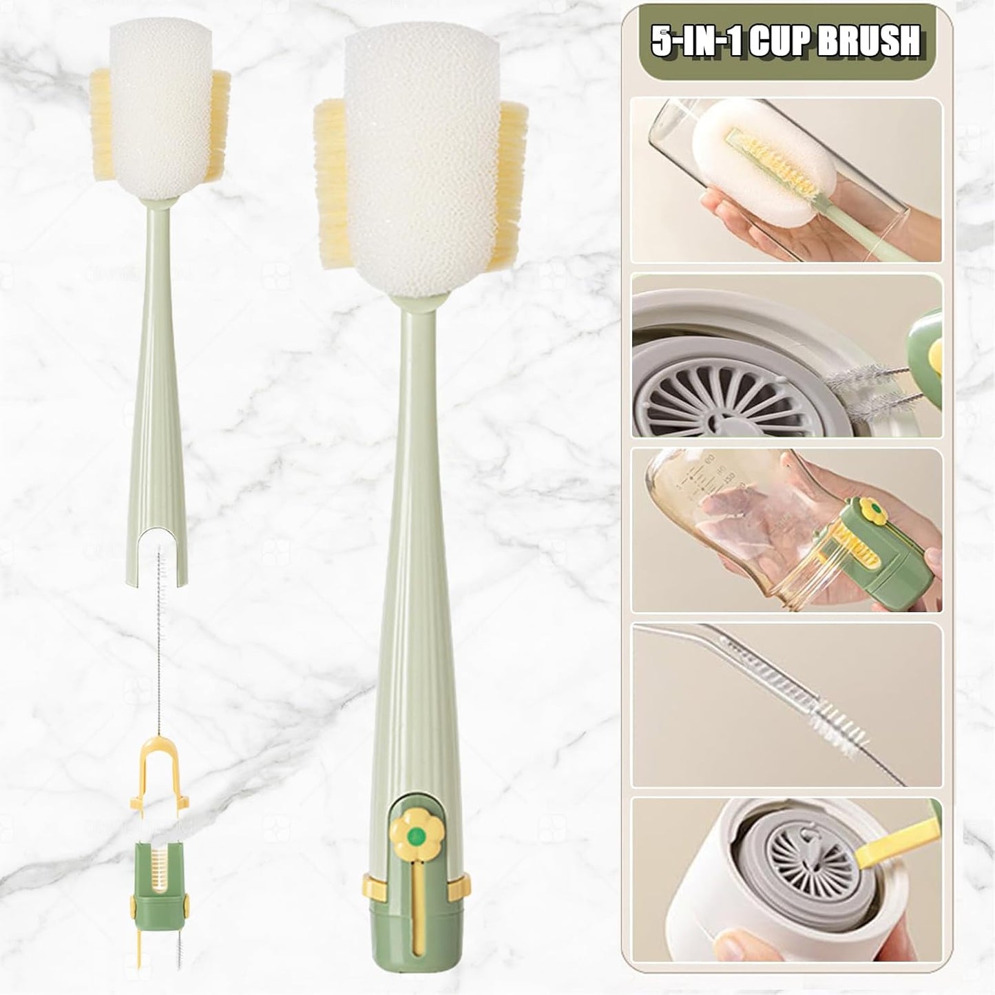 Water Bottle Cleaning Brush Set, Multifunctiona Brush and Straw Cleaner, 5 in 1 Long Handle Bottle Cleaning Brush