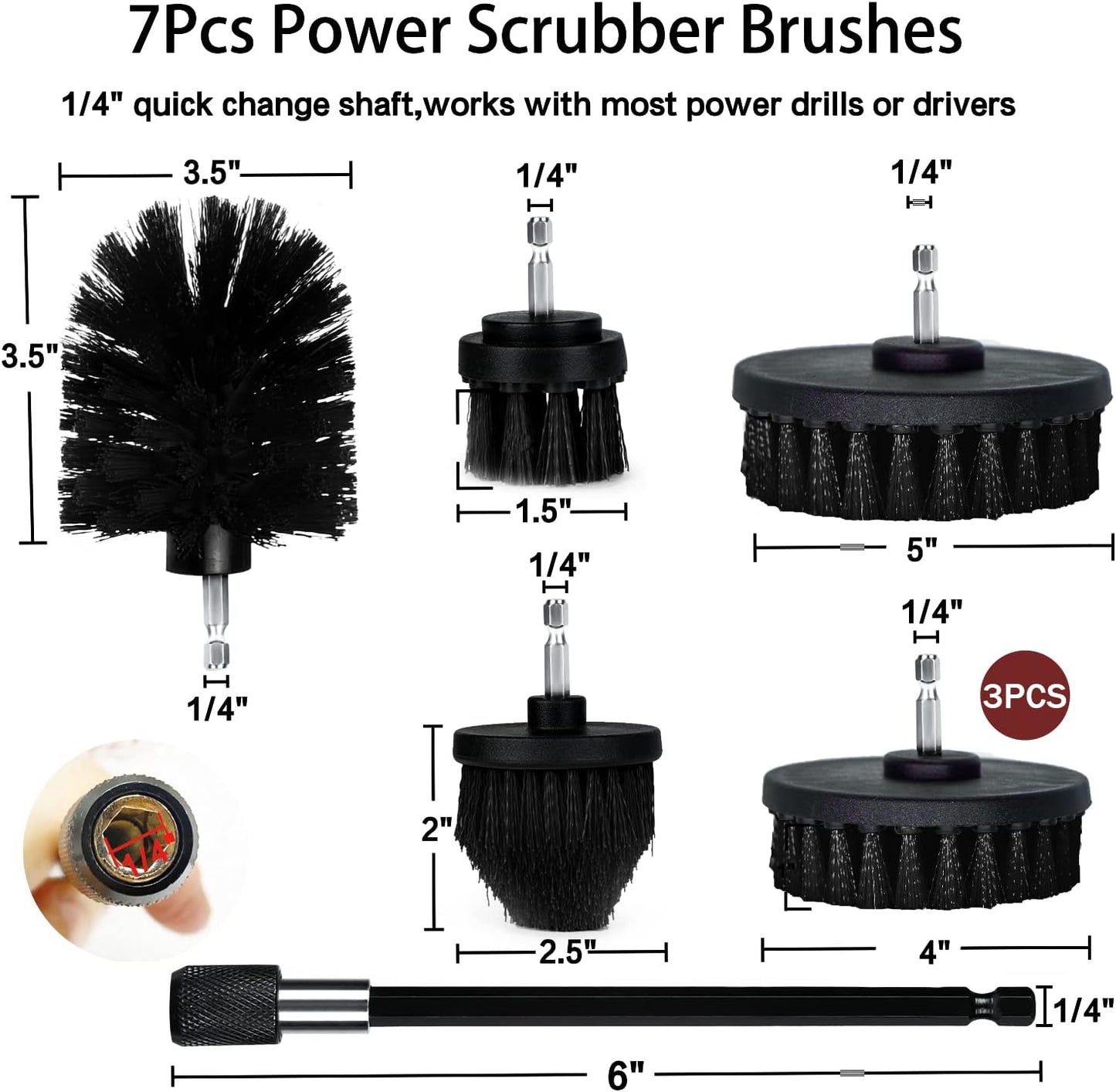 8 Pack Drill Brush Attachment Set,1/4in Power Scrubber Brush + Extend Long Rod, Power Cleaning Scrub Brush for Bathroom, Tub, Tile, Floor, Grout, Boat(White)