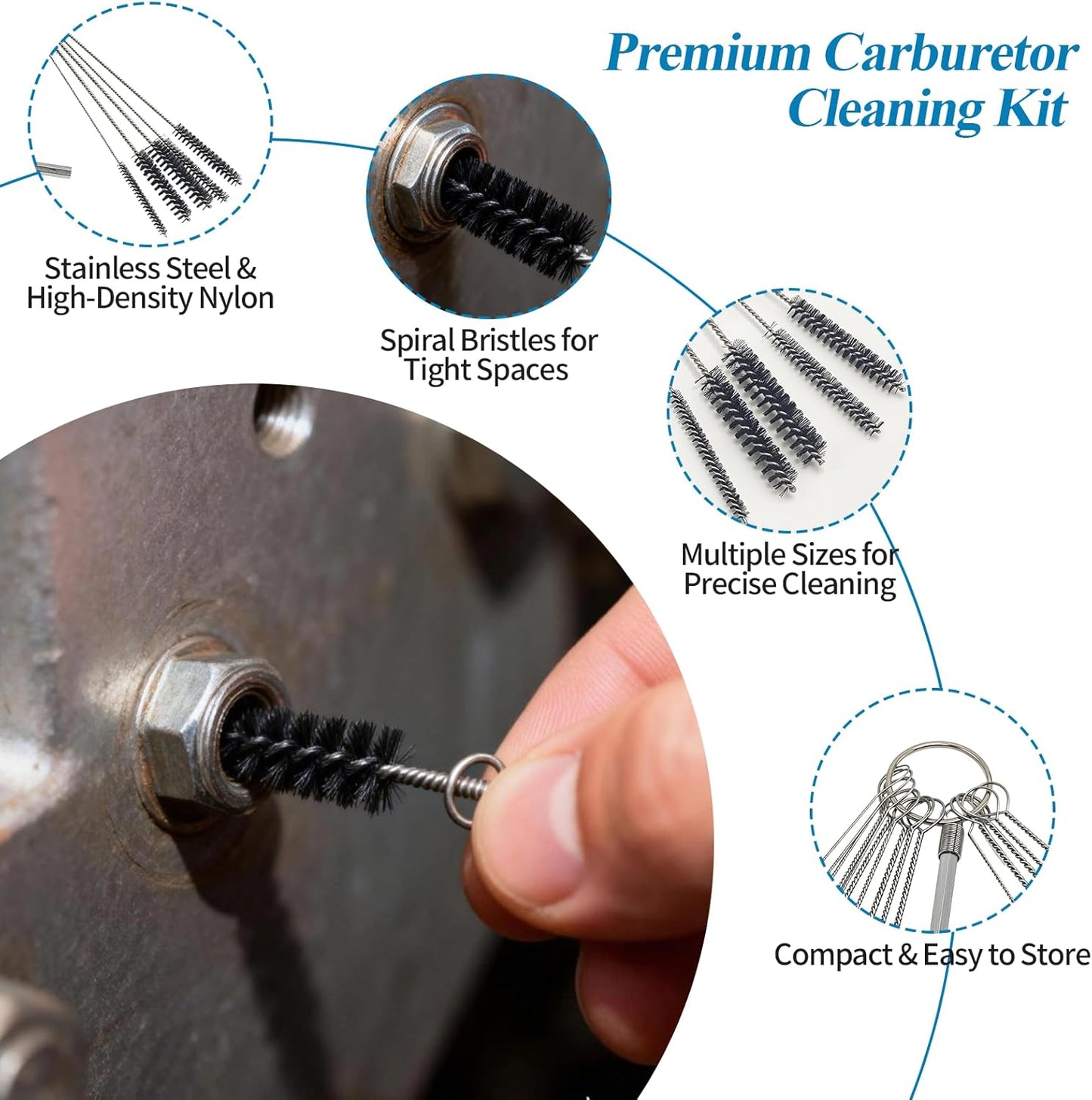 Carburetor Cleaning Kit – 13 Clean Line Set, 9 Cleaning Needles, 6 Nylon Brushes, Throttle Wrench & Pointed Pick, Stainless Steel Carbon Dirt Jet Remover Cleaner for Motorcycle, Chainsaw, Spray Guns