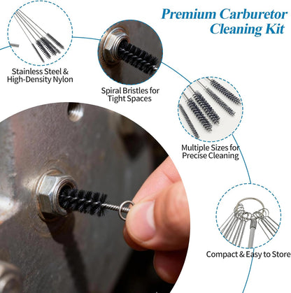 Carburetor Cleaning Kit – 13 Clean Line Set, 9 Cleaning Needles, 6 Nylon Brushes, Throttle Wrench & Pointed Pick, Stainless Steel Carbon Dirt Jet Remover Cleaner for Motorcycle, Chainsaw, Spray Guns