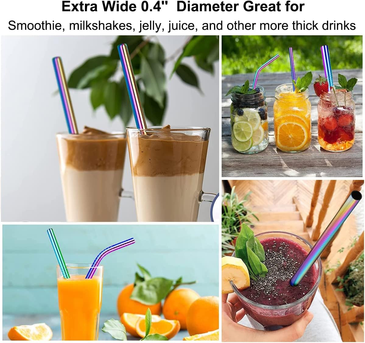 Vinaco Stainless Steel Smoothie Straws, 0.4'' Extra Wide Reusable Metal Drinking Straws for Milkshake, Smoothie, Beverage, Set of 4 with 1 Cleaning Brush