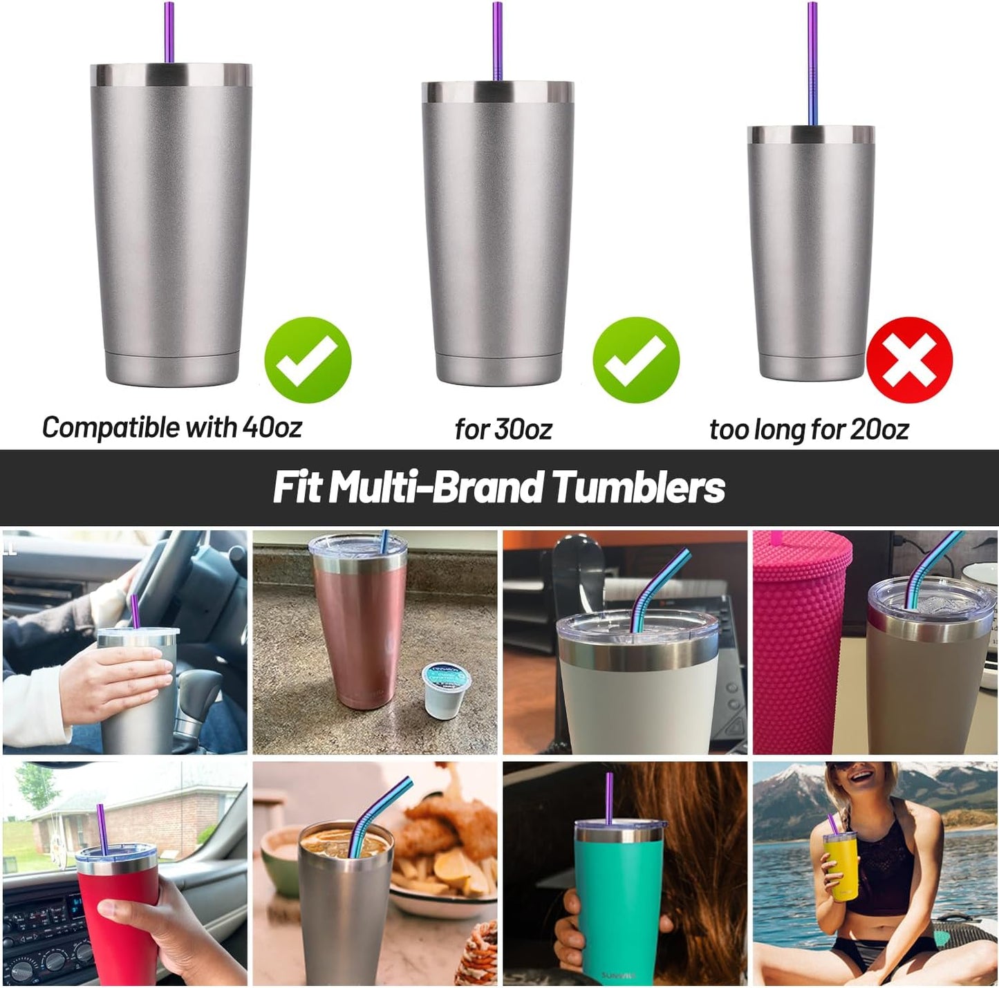 VEHHE Metal Straw Stainless Steel Straws Drinking Reusable Straws 4 Set -10.5" Ultra Long Rainbow Color-Cleaning Brush for 20/30 Oz for Yeti RTIC SIC Ozark Trail Tumblers (2 Straight|2 Bent|1 Brush)