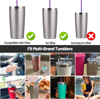VEHHE Metal Straw Stainless Steel Straws Drinking Reusable Straws 4 Set -10.5" Ultra Long Rainbow Color-Cleaning Brush for 20/30 Oz for Yeti RTIC SIC Ozark Trail Tumblers (2 Straight|2 Bent|1 Brush)