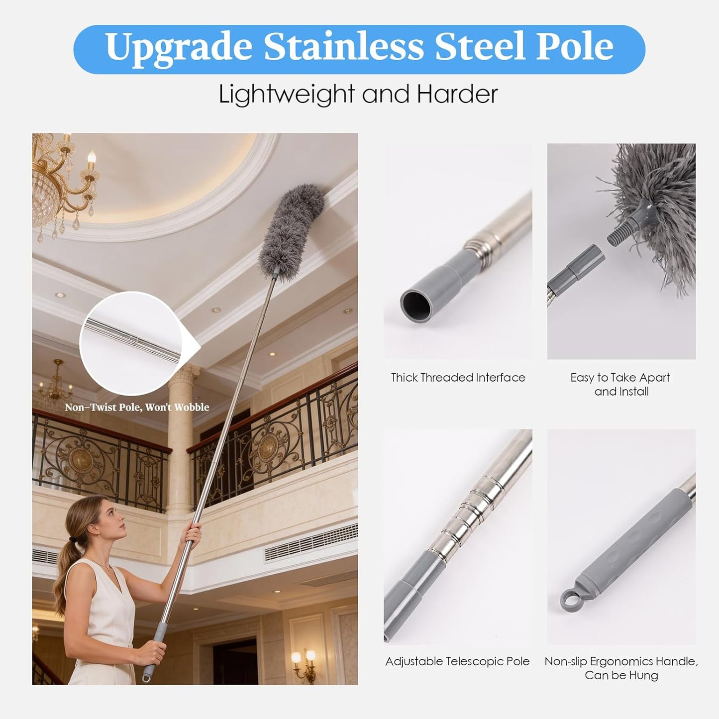 Microfiber Feather Duster 5-in-1 Kit with Extension Pole, Washable Cleaning Duster Set with 3 Duster Heads, Cobweb Duster, Corner Brush, 100'' Extendable Long Duster for High Ceilings, Fans, Furniture