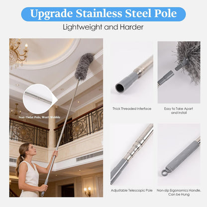Microfiber Feather Duster 5-in-1 Kit with Extension Pole, Washable Cleaning Duster Set with 3 Duster Heads, Cobweb Duster, Corner Brush, 100'' Extendable Long Duster for High Ceilings, Fans, Furniture