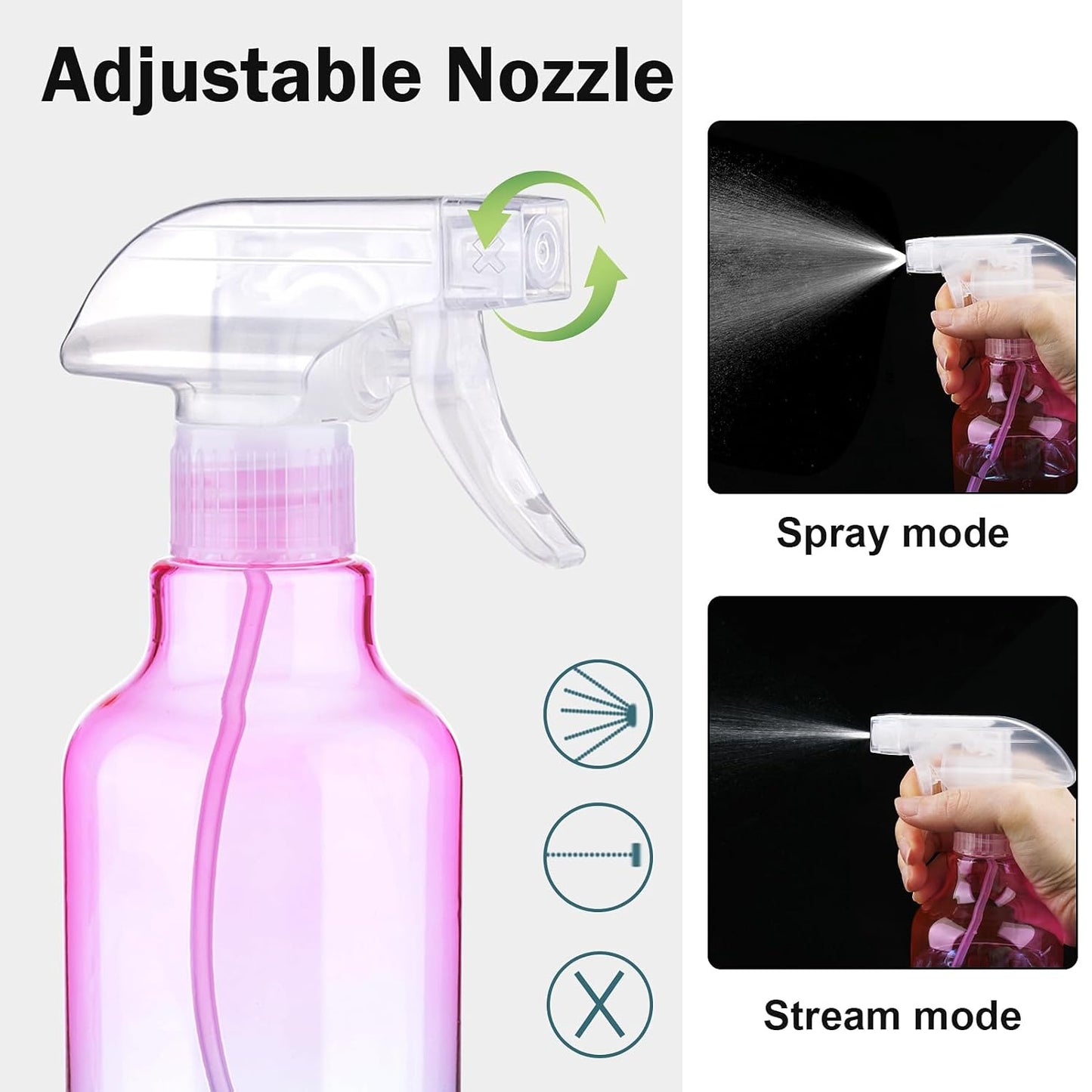 Plastic Spray Bottles Empty Spray Bottle 16.9oz/500ml 2 Pack Heavy Duty Spraying Bottles Mist/Stream Water Bottle for Cleaning Solutions, Essential Oils, Hair (Clear)