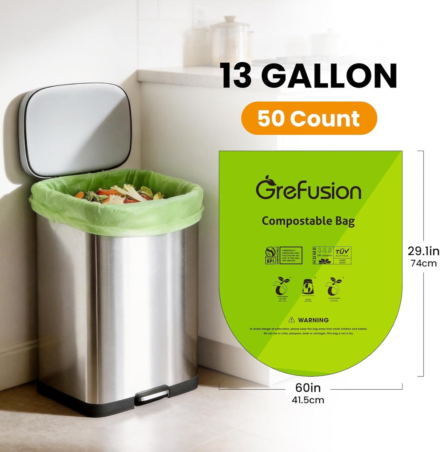 GreFusion Compostable Bags 1.2 Gallon,125 Count, Fits 0.75,1,1.2,1.3,1.6,1.8 Gallon Countertop Bin, Small compost bags, Certified by BPI, ASTM D6400 and OK Compost