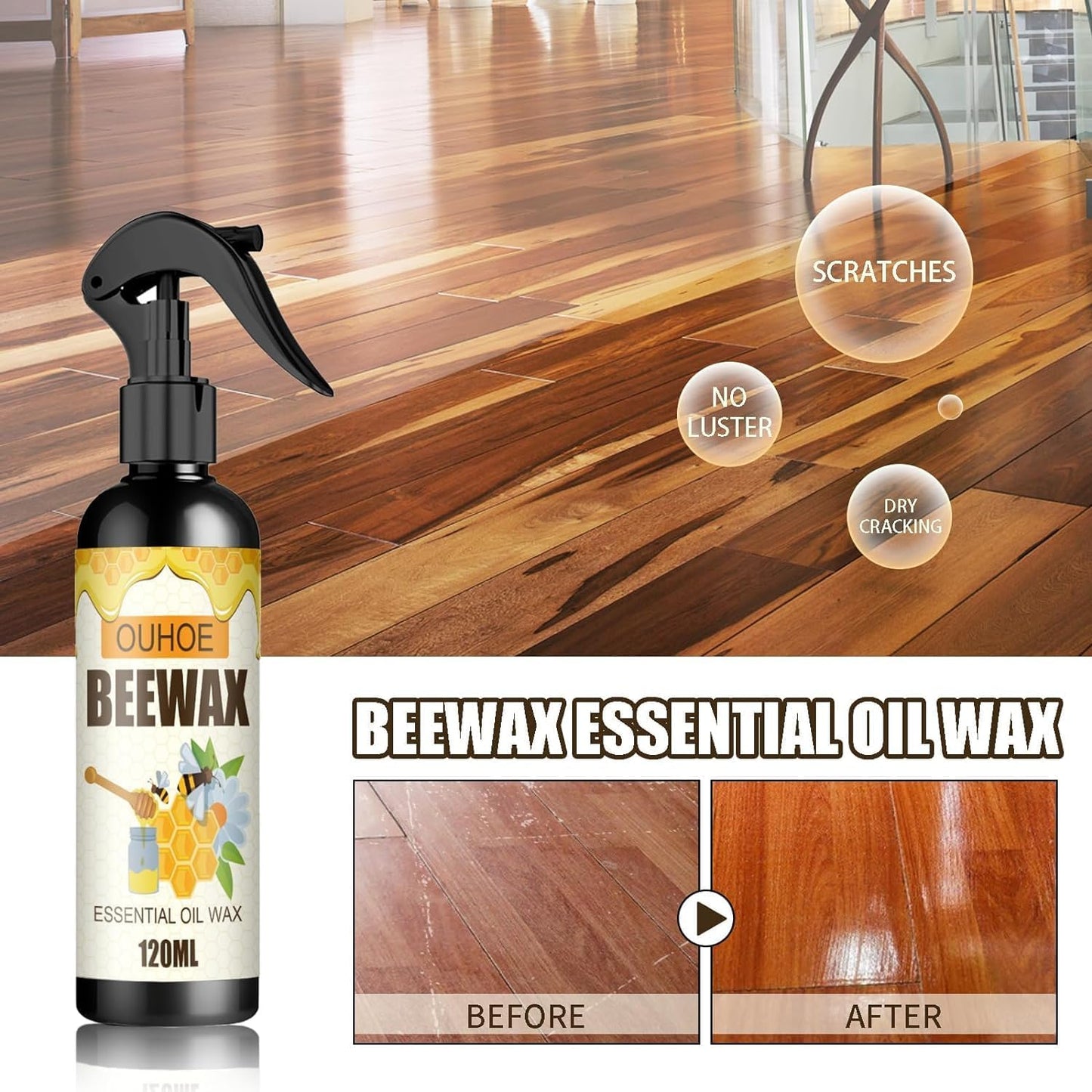 2PCS Natural Beeswax Spray, Beeswax Spray Cleaner, Beeswax Furniture Polish, The Original Beeswax Spray, Wood Seasoning Beewax For Furniture Floor, for Furniture, Floor, Tables, Cabinets