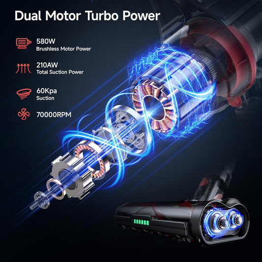 Cordless Vacuum Cleaners for Home, 60KPA 580W Dual Motor, 60 Mins Runtime, Power Detect & HEPA Filter, Touchscreen Display, Self-Standing for Pet Hair/Carpet/Car/Tile/Hardwood Floor