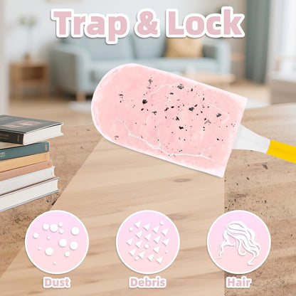 Heavy Duty Dusters Refills, Disposable Dusters Kit Compatible with Swiffer Handles, Multisurface Dusters+1 Extended Handle +1 Handle (Pink, 360°)