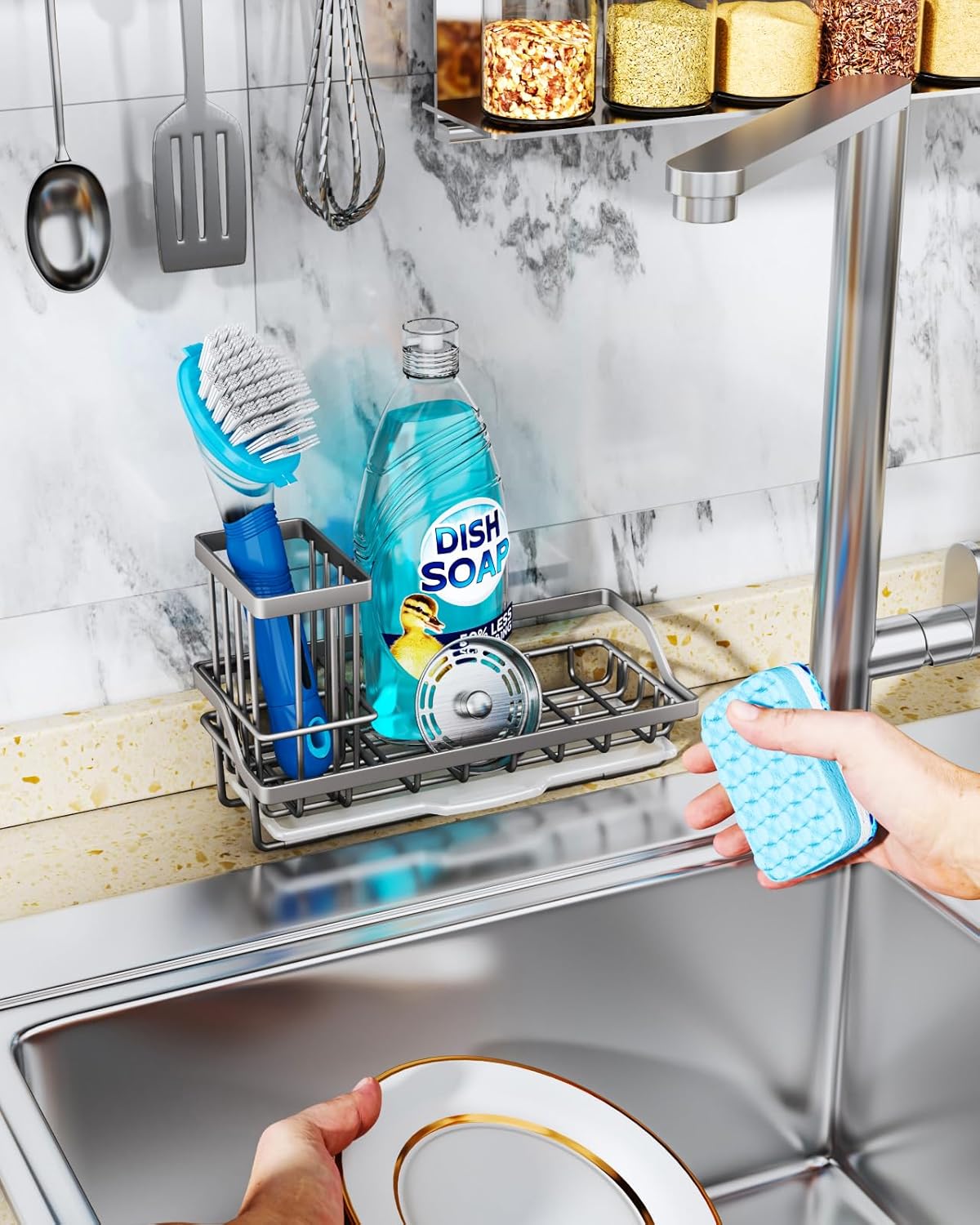 Consumest Sink Caddy, Kitchen Sponge Holder with Dish Brush Holder, Kitchen Organizer with Drip Tray for Countertop, Stainless Steel Rustproof - Silver